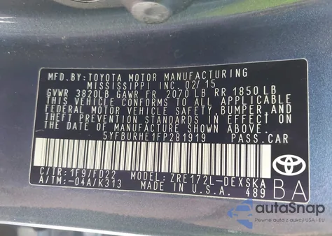 2015 Toyota Corolla S Plus from USA, damaged, VIN 5YFBURHE1FP281919